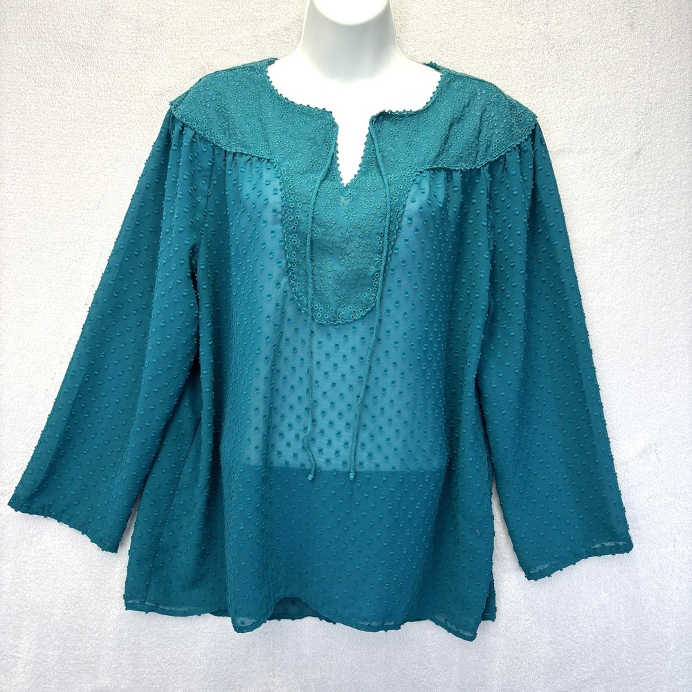 Matilda Jane Tunic Blouse Womens L Teal Blue Swiss Dot Sheer Chiffon Embroidered